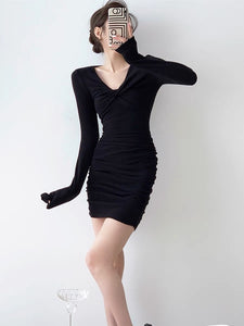 Twist Shirring Mini Bodycon Dress in Black