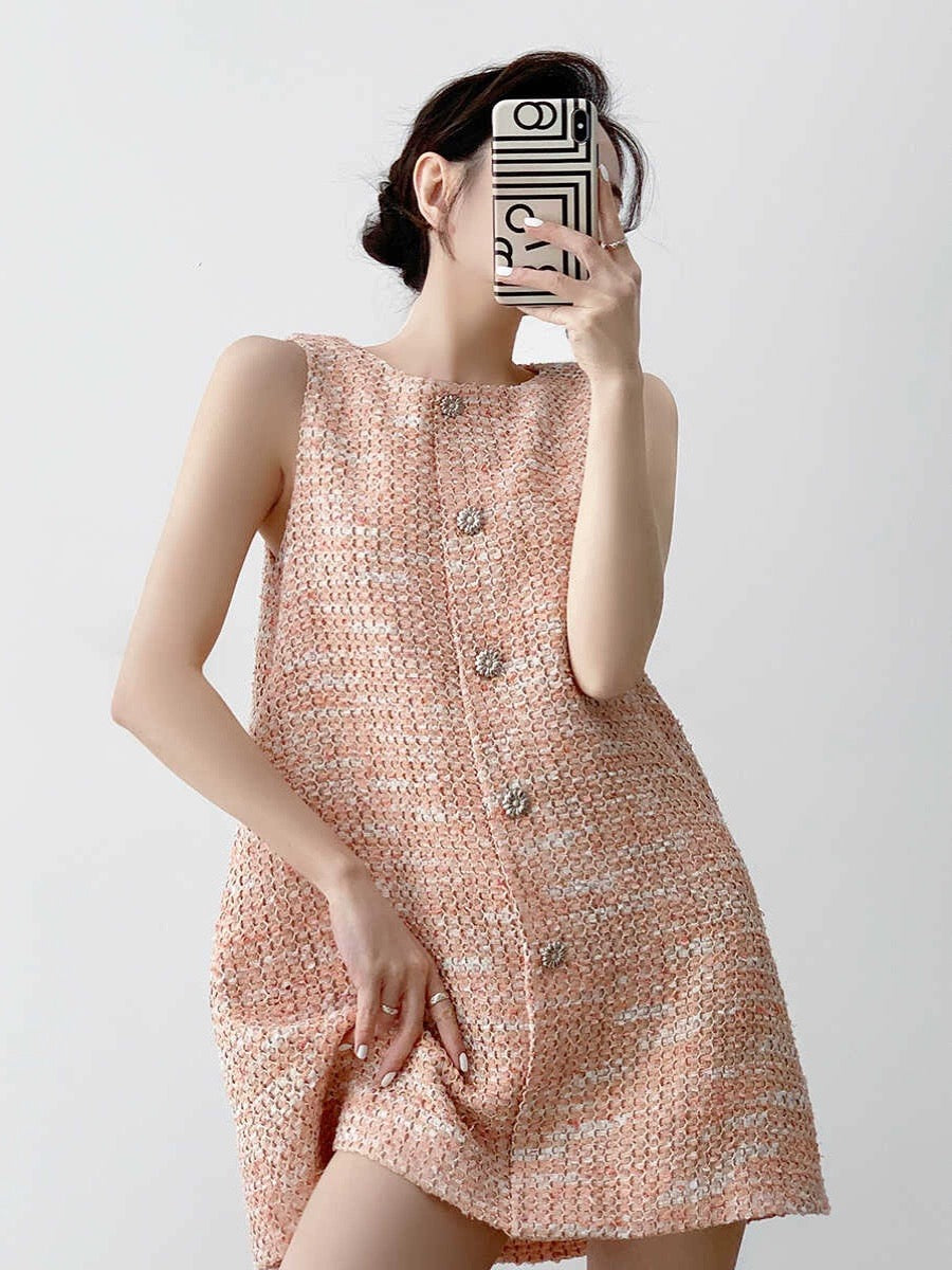 Tweed Button Mini Pocket Dress in Orange