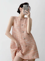 Load image into Gallery viewer, Tweed Button Mini Pocket Dress in Orange
