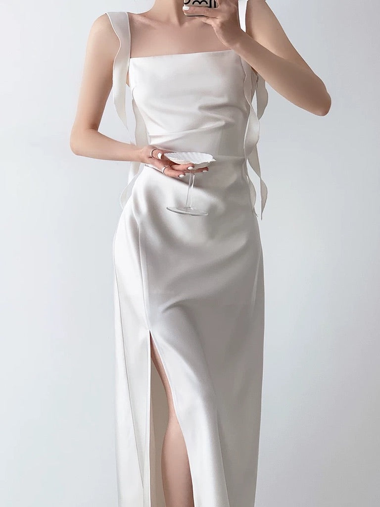 Ruffle Drape Slit Dress in White