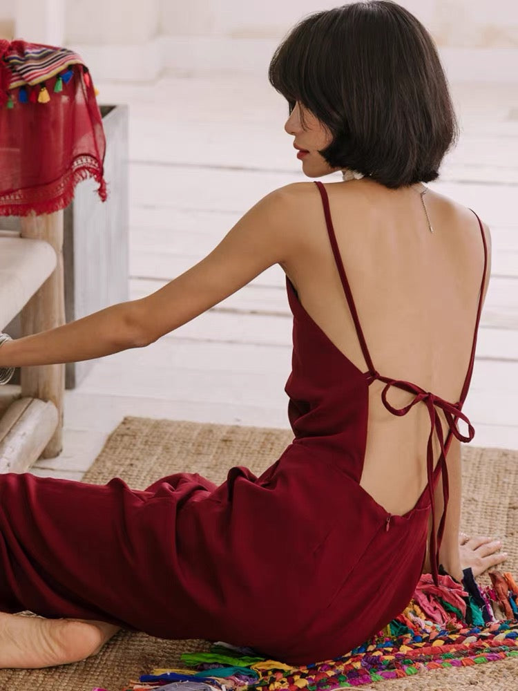 Low Tie Back Pocket Maxi Jumpsuit in Red