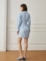 Load image into Gallery viewer, Long Sleeve Striped Wrap Shirt Dress in Blue
