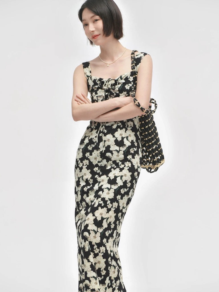 Floral Midi Shift Dress in Black