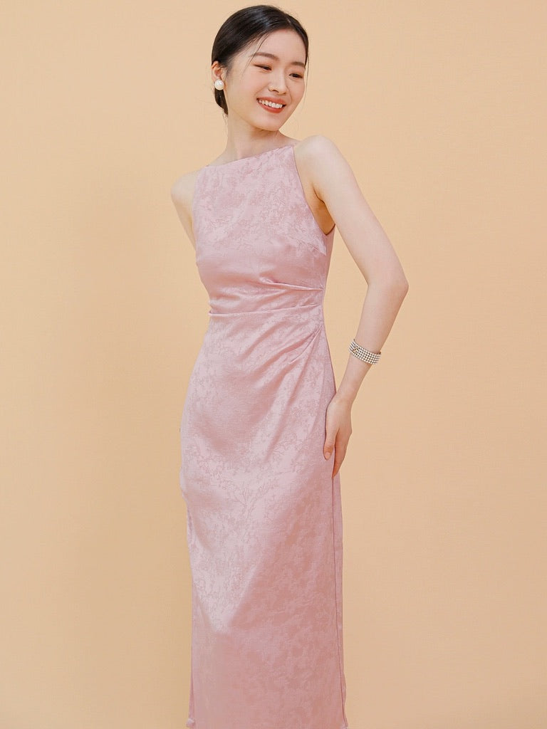 Chinoiserie Satin Slit Dress in Pink