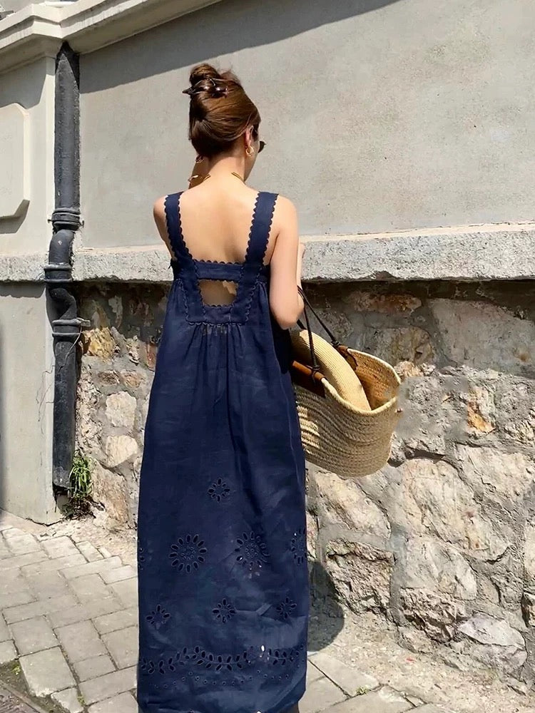 Laser Cut Pocket Maxi Dress in Navy LEXI + LOU Laser Cut Pocket Maxi Dress in Navy LEXI + LOU