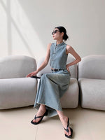 Load image into Gallery viewer, Denim Cheongsam Top + Maxi Skirt Set in Blue
