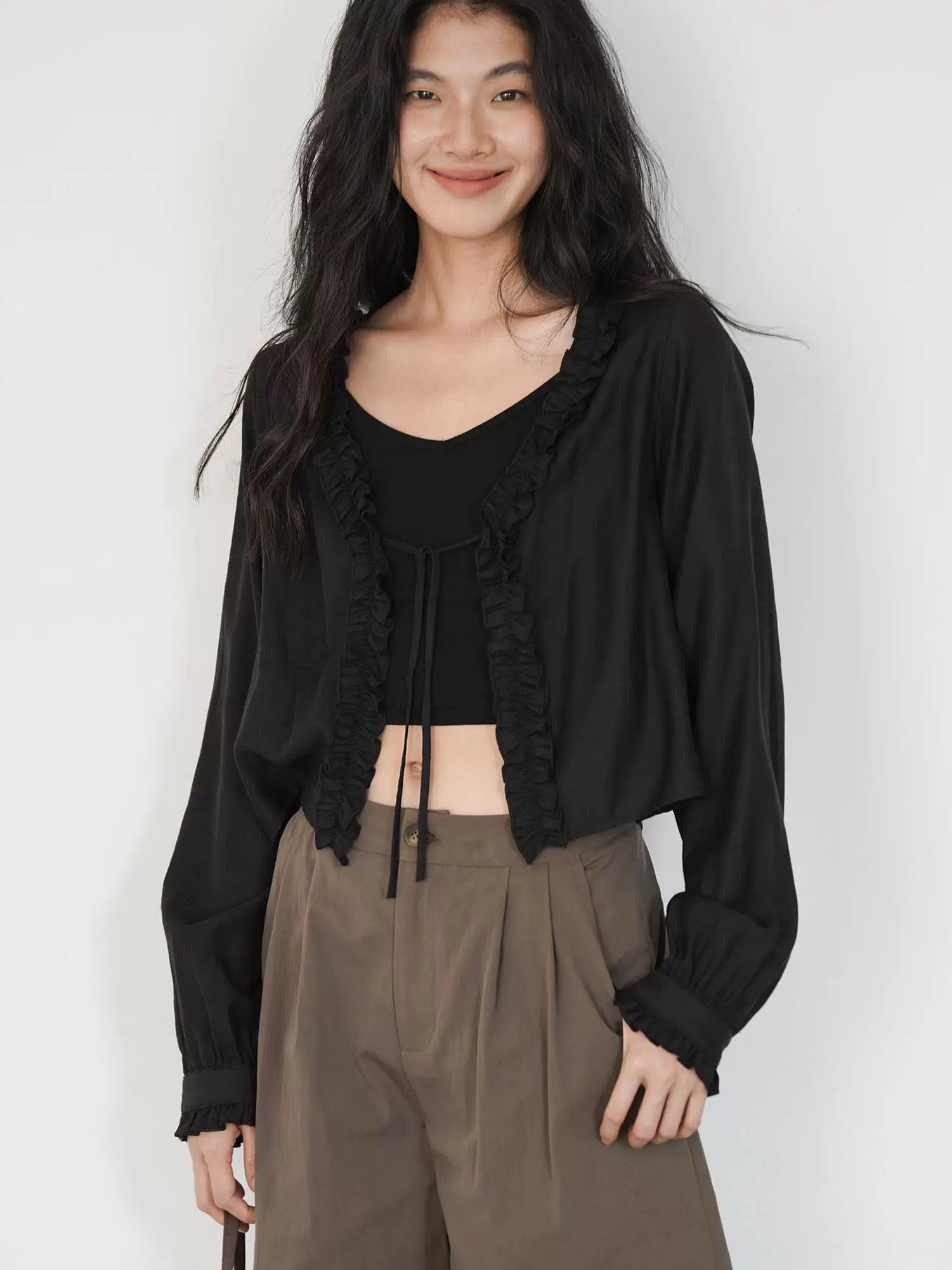 Cropped Cami + Tie Cardigan Set in Black