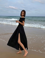 Load image into Gallery viewer, Ruffle Off Shoulder High Slit Maxi Dress in Black
