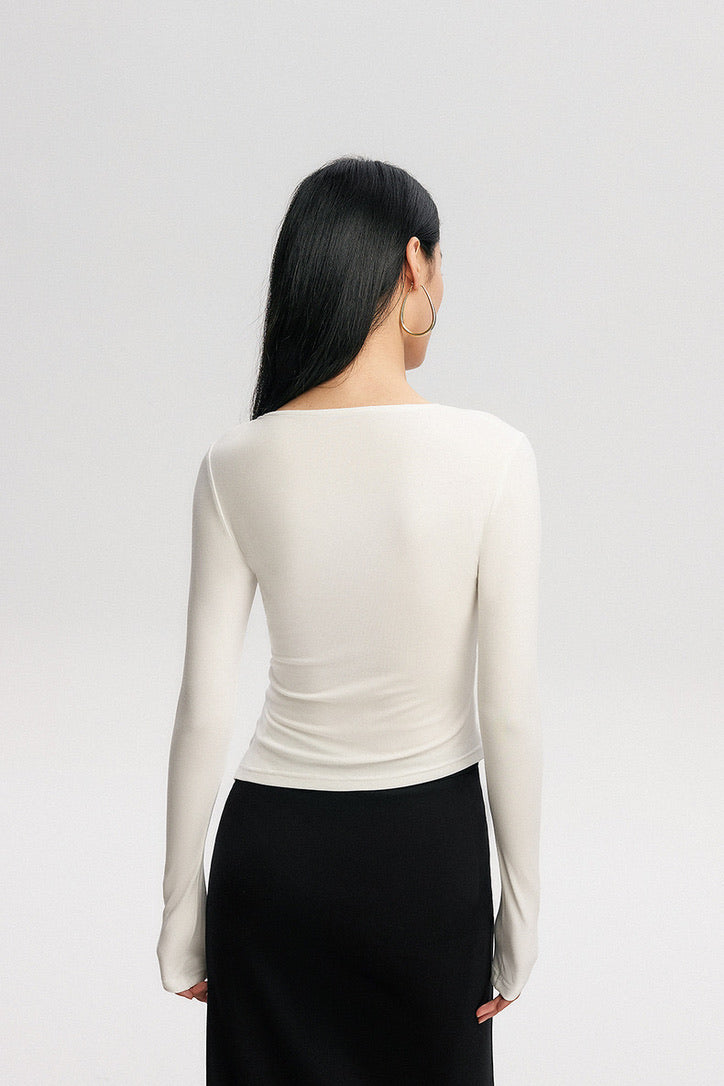 Asymmetric Neckline Tulle Shirring Top [2 Colours]