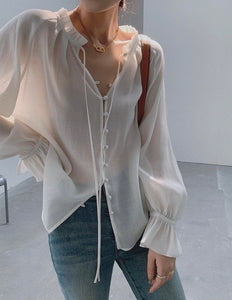 Sheer Flute Sleeve Button Blouse in White