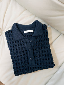 Korean Knit Hole Polo Top in Navy