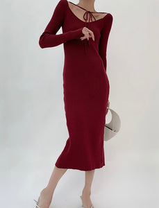 Knitted Ribbed Dress + Tie in Red