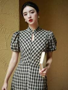 Checked Blouson Pankou Dress in Black