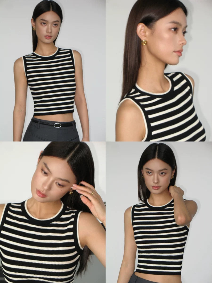 Striped Cropped Knit Tank Top in Black/White