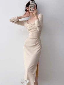 Split Sleeve Twist Midi Dress in Beige