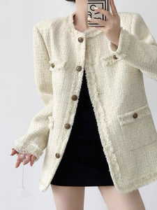 Long Tweed Fray Button Jacket in Cream