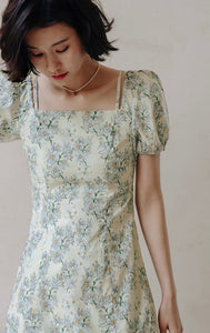 2-Way Floral Puff Sleeve Dress in Yellow