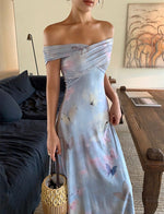 Load image into Gallery viewer, Printed Off Shoulder Dress in Blue
