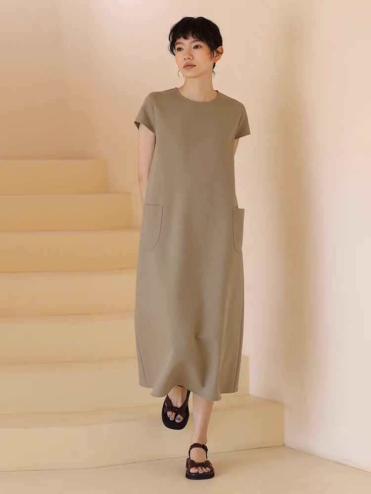 Twill Pocket Midi Dress in Kahki