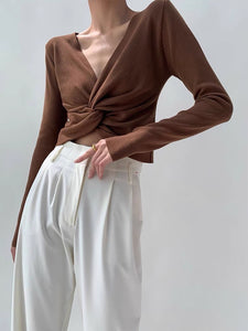 Long Sleeve Twist Knit Top in Brown