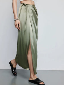 Satin Wrap Slit Maxi Skirt [3 Colours]