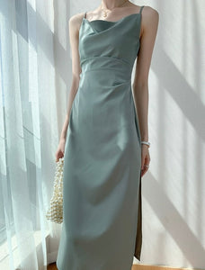 Drape Gathered Slit Dress in Green