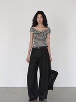 Load image into Gallery viewer, Tencel Striped Off Shoulder Twist Top in Black/White
