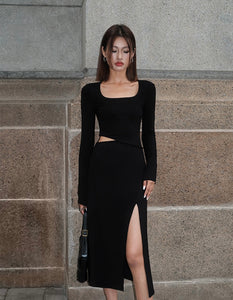 Knitted Side Cutout Slit Midi Dress in Black