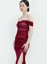 Load image into Gallery viewer, Off Shoulder Gathered Slit Gown in Red
