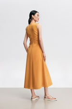 Load image into Gallery viewer, Sleeveless Side Shirring Midi Dress in Mustard
