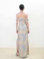 Load image into Gallery viewer, Off Shoulder Floral Gown in Blue/Gold
