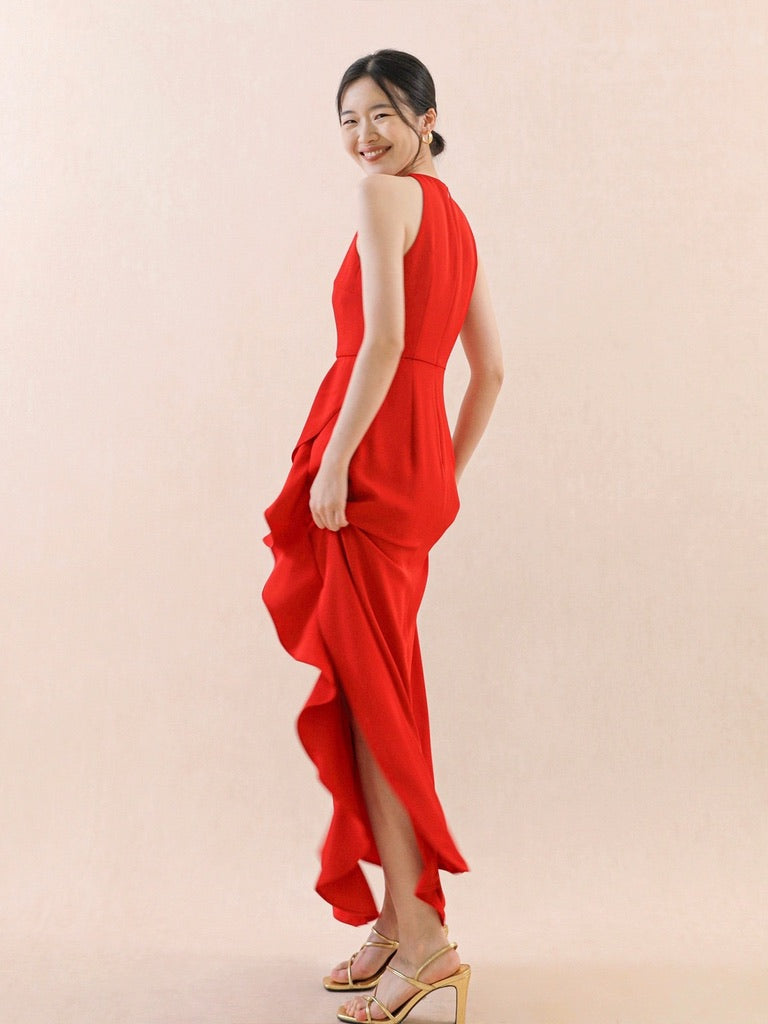 Ruffle Slit Maxi Dress in Red