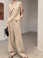 Load image into Gallery viewer, Asymmetric Button Linen Tuxedo Vest in Khaki
