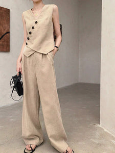 Asymmetric Button Linen Tuxedo Vest in Khaki