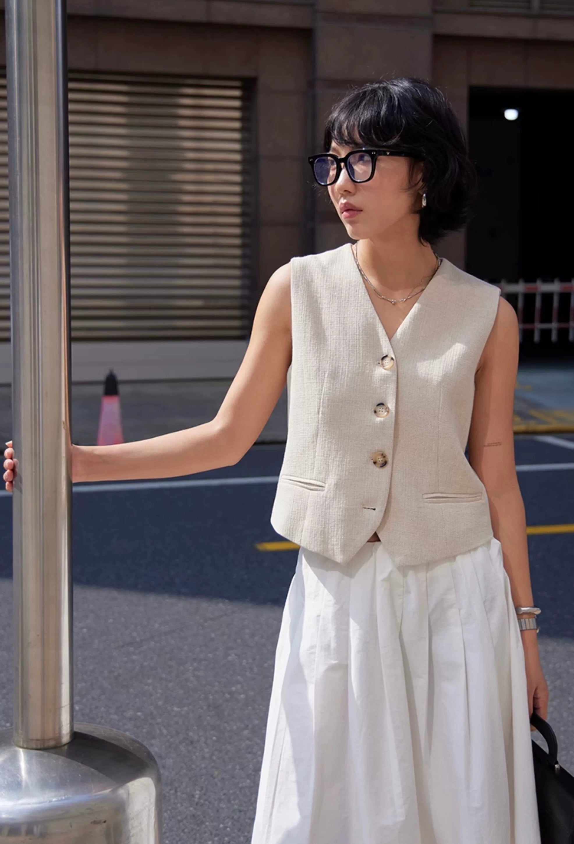 Textured Linen Vest in Cream