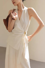 Load image into Gallery viewer, Tencel Wrap Embellished Top // Trousers Set in Cream
