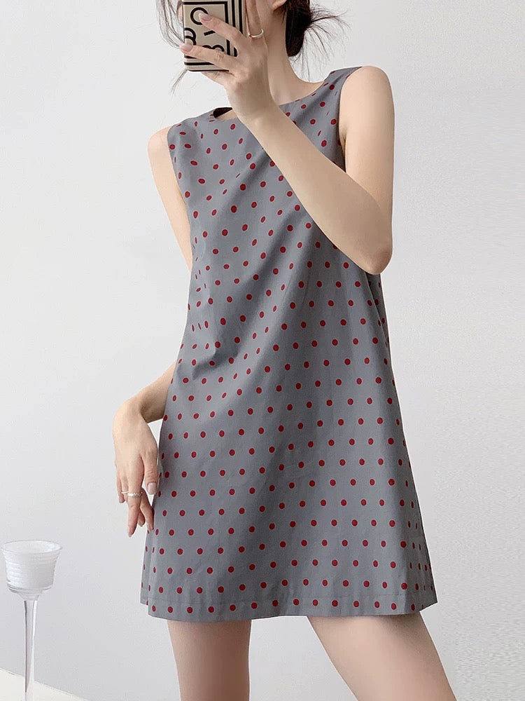 Polka Sleeveless Shift Dress in Grey