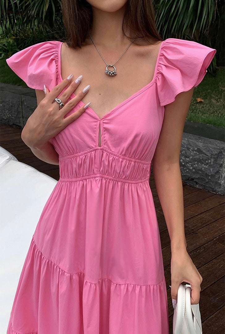 Flutter Sleeve Panel Pocket Maxi Dress in Pink
