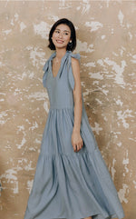 Load image into Gallery viewer, Ribbon Tie Tiered Maxi Dress in Blue
