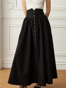 High Waist Button Pocket Maxi Skirt in Black