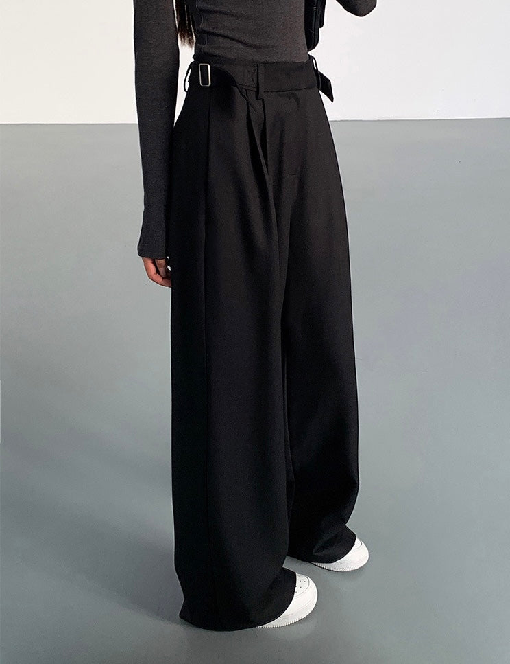 Relaxed Side Buckle Wide Leg Trousers in Black