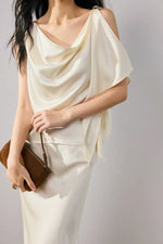 Load image into Gallery viewer, Satin Asymmetric Drape Top // Maxi Slip Skirt Set in Cream
