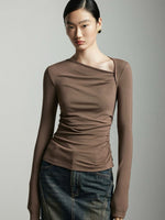 Load image into Gallery viewer, Asymmetric Side Shirring Long Top in Brown
