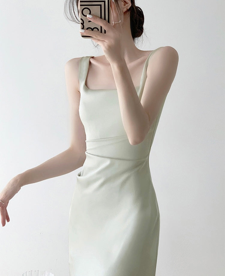 [Ready Stock] Square Neck Sheen Midi Dress in Green