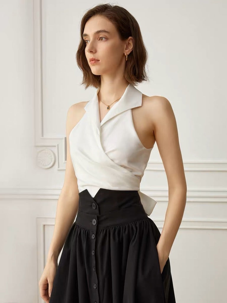 Satin Collared Wrap Tie Top in White