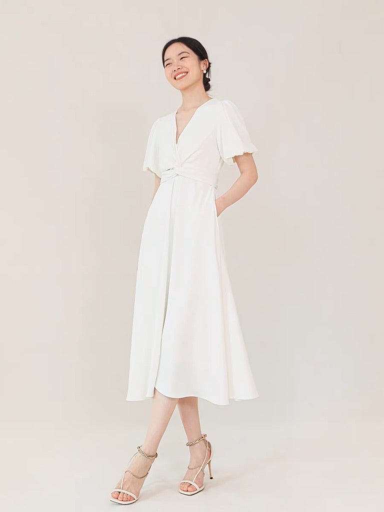 Twist Blouson Pocket Midi Dress in White