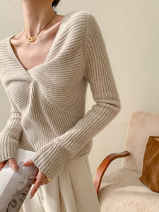 Ribbed Twist Sweater Top in Beige