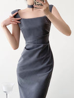 Load image into Gallery viewer, Tailored Gather Tie Back Dress in Grey
