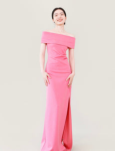 Off Shoulder Slit Maxi Dress in Pink