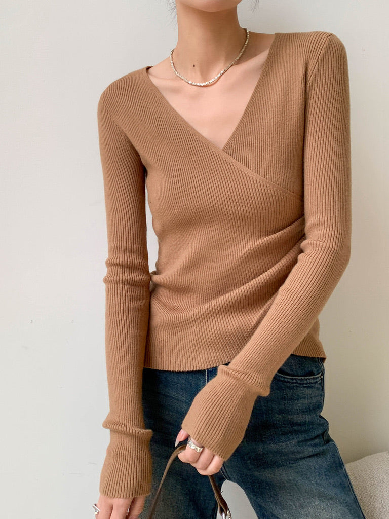 Side Gather Wrap Knit Top in Camel